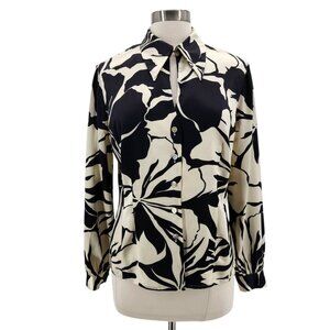 Vintage Votre Nom Womens Large Top Silk Tropical Floral Long Sleeve Blouse Ivory